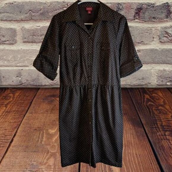 Merona Medium short sleeve brown w/white polka dots cotton blend button down. - Picture 1 of 1